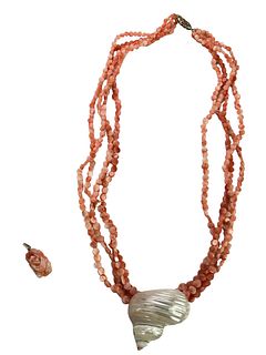 Coral Strand Beaded 22" Necklace & Coral Pendant