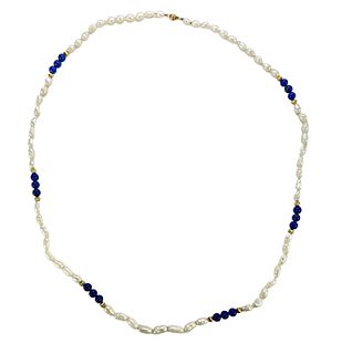 14K Gold Pearl & Lapis Beaded 26" Necklace