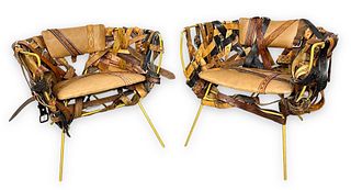 (2) Unique Woven Belt Leather Arm Chairs