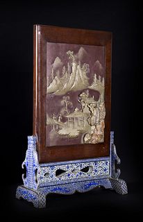 DUAN STONE AND CLOISONNÉ WOOD TABLE SCREEN