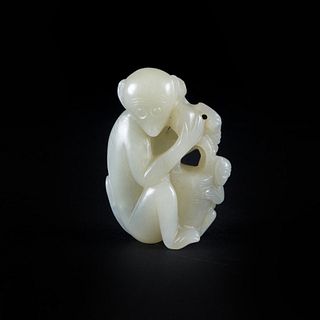 A SMALL WHITE JADE MONKEY AND PEACH GROUP