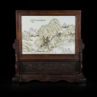 QIANJIANG PORCELAIN TABLE SCREEN ON WOODEN STAND SIGNED BY YU HONGBIN