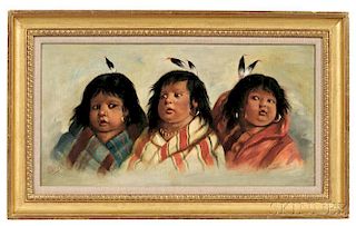 Peterson, C., (fl. circa 1890) Three of a Kind  , Native American Indian Girls Depicted as Cherubs, Oil on Canvas, c. 1890.
