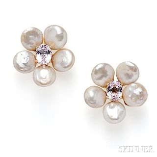 18kt Gold, Freshwater Pearl, and Kunzite Earclips