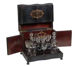 French Boulle Inlaid Ebonized Mahogany Cave a Liqueur, 19th c., the folding lid with brass and mother-of-pearl inlay, with a lifting tray fitted for f