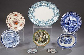 Group of Eight English Ceramic Plates, 19th c., consisting of an Adams "Cries of London" octagonal example; a blue and white stoneware plate; a Mason'