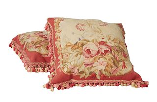 Pair of Aubusson Style Tapestry Pillows, 19th c., and later, with bright floral decoration and tasseled edges, H.- 19 in., W.-19 in.