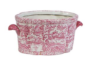 Chinese Pink Porcelain Footbath, 20th c., the lobed sides with figural and floral decoration, the sides with two shell form handles, the interior with
