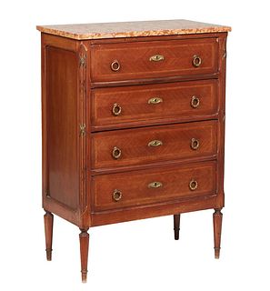 French Provincial Louis XVI Style Carved Cherry Marble Top Commode, early 20th c., the highly figured salmon marble over four deep drawers flanked by 