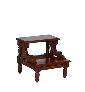 French Louis Philippe Carved Cherry Bed Steps, 19th c., the two steps with floral carved supports, on turned tapered cylindrical legs, H.- 15 in., W.-