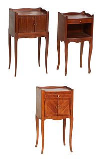 Group of Three French Carved Cherry Louis XV Style Nightstands, 20 th c., with three quarter galleried tops, one over a tambour door cupboard, H.- 29 