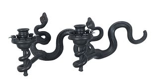 Unusual Patinated Lead Snake Form Two Light Wall Sconce, the snake form back plate issuing two coiled candle arms with floriform bobeches, not electri