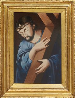 Continental School, "Jesus with a Cross," early 20th c., oil on canvas laid to board, unsigned, presented in a gold-leaf frame, H.- 13 5/8 in., W.- 8 