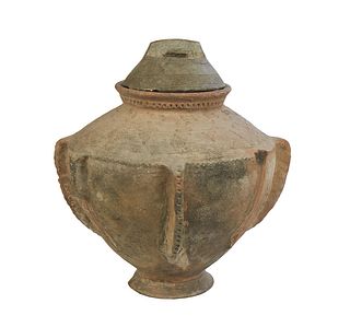 Large Earthenware Baluster Storage Jar, 20th c., with incised decoration and six integral ribbed handles, H.- 19 1/2 in., Dia.- 17 1/2 in. Provenance: