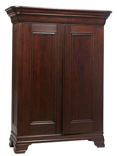 American Double Door Carved Mahogany Armoire, 19th c., possibly New Orleans, the stepped ogee crown above double paneled doors, on a stepped plinth wi