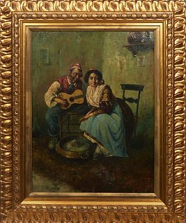 Edwardo Sconamiglio (Italian), "Gypsy Musician and Woman, Napoli," 20th c., oil on canvas, signed indistinctly lower right, presented in a gilt frame,