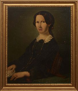 Continental School, "Portrait of a Woman in Mourning," 19th c., oil on canvas, unsigned, presented in a gilt frame, H.- 29 1/2 in., W.- 24 1/4 in., Fr