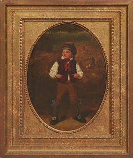Continental School, "Portrait of a Young Lad on the Farm," 19th c., oil on canvas, unsigned, presented in a gilt frame, H.- 12 3/4 in., W.- 8 7/8 in.,