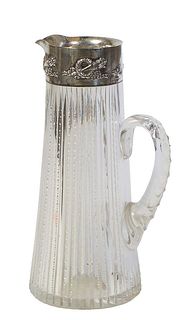Large American Sterling Silver Mounted Brilliant Cut Glass Pitcher, 20th c., by Mauser, of tapering form, the sterling lip with relief wreath and torc