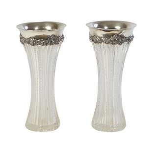 Pair of Sterling Rim Cut Crystal Trumpet Vases, early 20th c., with waisted ribbed glass sides, H.- 11 5/8 in., Dia.- 5 1/2 in. Provenance: from the E