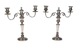 Pair of English Silverplated Three Light Candelabra, 19th c., with a central candle cup with an artichoke handled cup cover, flanked by two scrolled a