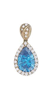 10K White Gold Blue Topaz Pendant, the pear shape app. 2 ct. topaz atop a conforming border of tiny round diamonds, suspended from a bale mounted with