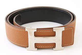Hermes Silver H Belt, with brown and black calf leather, L.- 31 1/2 in.