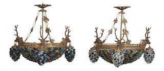 Pair of Brass Corbeille Form Five Light Chandeliers, 21st c., with a ceiling cap over a center ring issuing three deer head lights with multicolor gla