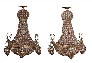 Two Brass Wedding Cake Chandeliers, 21st c., with a top large button prism mounted circular ball over a tapered body with button prism chains, to a ci