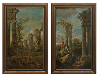 Italian School, Pair of Capriccios, oils on canvas, unsigned, each presented in matching polychromed frames, H.- 33 in., W.- 18 7/8 in., Framed H.- 39