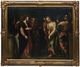 Old Master Style, "Christ and the Woman Taken in Adultery," 19th c., oil on canvas laid to board, unsigned, presented in an ornate gilt and gesso fram