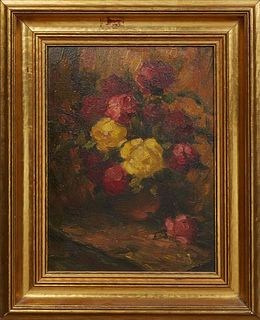 American School, "Still Life of Flowers," c. 1947, oil on board, signed and dated indistinctly "P. Jude" lower right, presented in a gilt frame, H.- 1