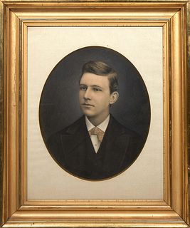 McLachlan, "Portrait of Young John Keller," 19th c., charcoal and graphite on paper, signed and dated indistinctly lower left, presented in an oval ma