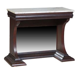 American Classical Carved Mahogany Marble Top Pier Table, 19th c., the rounded edge highly figured gray marble over a wide baluster skirt, on curved s