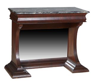 American Classical Carved Mahogany Marble Top Pier Table, 19th c., the rounded edge highly figured white marble over a wide baluster skirt, on curved 