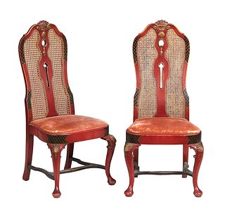 Pair of Polychromed Chinoiserie Queen Anne Style Side Chairs, 20th c., with gilt highlights, the arched canted shell carved high backs with caned cent