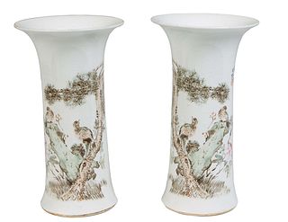 Pair of Chinese Qian Jiang Vases, 20th c., with everted rims, over brown, green and rose landscape decoration with birds in trees, verso with a poem, 