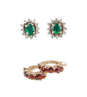 Two Pairs of 14K Yellow Gold Stud Earrings, one with oval emeralds atop borders of tiny round diamond; the second with oval half hoops, mounted with p