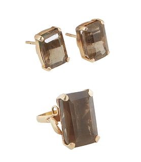 Three Pieces of 14K Yellow Gold Smokey Topaz Jewelry, c. 1960, consisting of a large emerald cut app. 30 cts. dinner ring, Size 8; and a pair of match