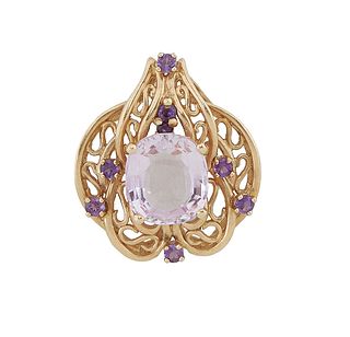 14K Yellow Gold Pink Quartz Pendant, with a cushion cut oval pink quartz, atop a stepped pierced scrolled frame, mounted with seven tiny round amethys