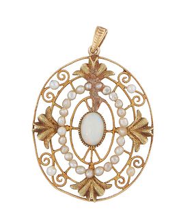 18K Yellow Gold Oval Pendant, early 20th c., with a pierced scrolled border mounted with seed pearls, around a central cabochon oval opal within a see