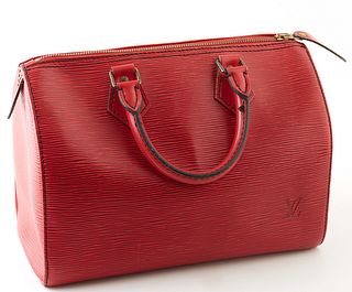 Louis Vuitton Speedy Red Epi Calf Leather 25 Handbag, with golden brass hardware, opening to a red suede interior with a black canvas open side pouch,