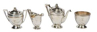 Four Piece Gorham Silverplated Silver Soldered Aesthetic Tea Set, # 060, with Greek key decoration and a figural lid handle, consisting of a teapot, c
