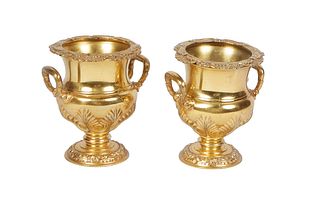 Pair of English Walker and Hall Gilt Silverplated Match Urns, early 20th c., #151, of baluster handled form, H.- 4 3/4 in., W.- 4 in., D.- 3 1/4 in.