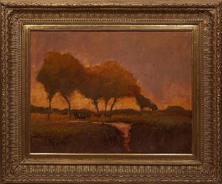 Marty E. Ricks (Utah/Idaho, 1961-), "Autumn Showers," 20th c., oil on board, signed lower right, signed and titled en verso, presented in a gilt frame