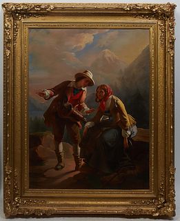 Continental School, "Alpine Couple," 19th c., oil on canvas, unsigned, presented in an ornate gilt and gesso frame, H.- 38 3/4 in., W.- 29 in., Framed
