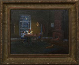 J. Britton, "Full Moon Storytime," 1994, oil on canvas laid to board, signed and dated lower left, presented in a green and gilt frame, H.- 16 3/4 in.