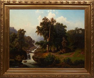 Wilhelm Theodore Nocken (Germany, 1830-1905), "Romantic Mountain Landscape with Waterfall," c. 1870, oil on canvas, signed lower right, presented in a