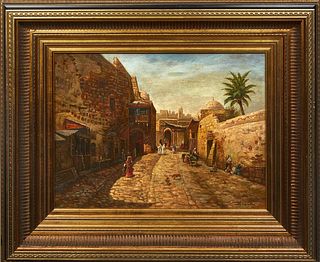 Albert Munghard (American, 1919-1998), "View of a Medina," 20th c., oil on board, signed lower right, presented in a gilt and ebonized frame, H.- 11 3