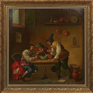 Continental School, "Gambling at the Tavern," 19th c., oil on canvas, unsigned, presented in an ornate gilt frame, H.- 14 3/4 in., W.- 14 3/4 in., Fra